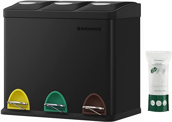 Trojpriestorový odpadkový kôš 24 l, odpadkový kôš 3 x 8 l, oceľ, čierny